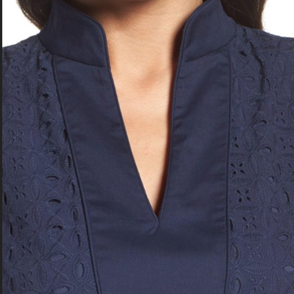 Eliza J Mandarin Collar Lace Shift Dress in Navy - Picture 3 of 9